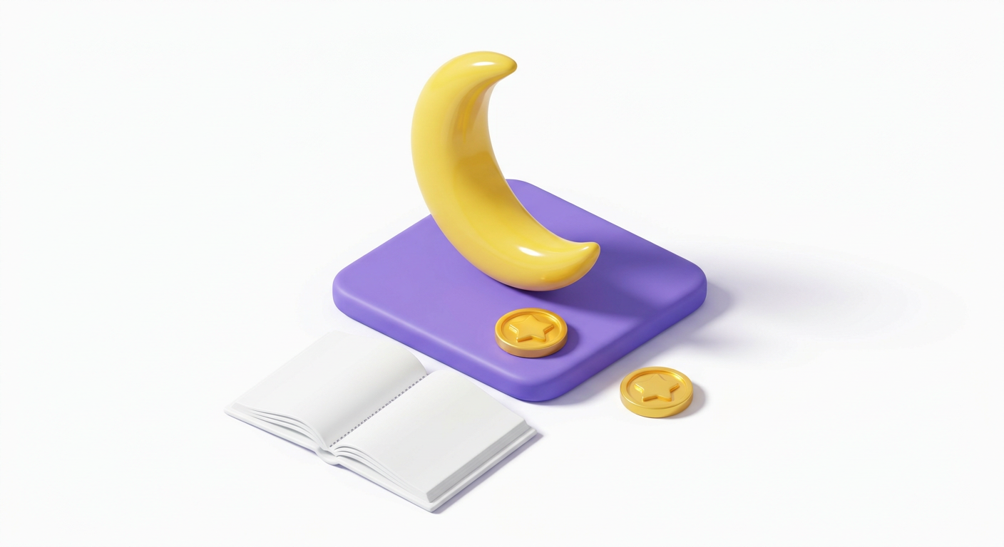 A glossy yellow crescent moon standing on a purple slab beside an open storybook and two golden star coins