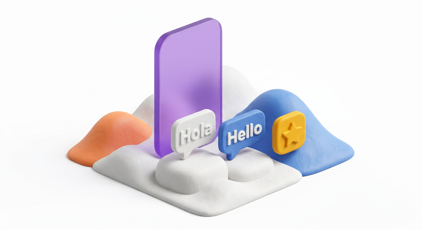 Speech-bubble tiles reading Hola and Hello in front of a purple slab, on soft clay hills