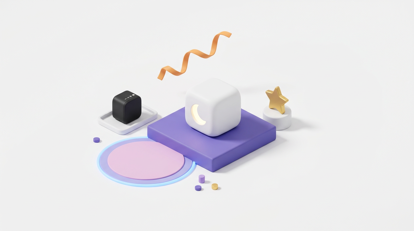 A white night-light cube with a crescent moon glow on a purple platform, beside a golden star and a pink rug