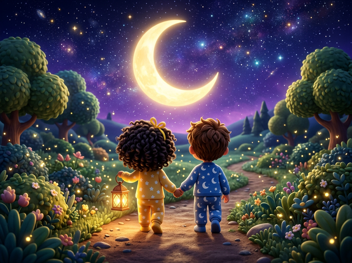 Sample frame: two children in pyjamas hold hands under a glowing crescent moon
